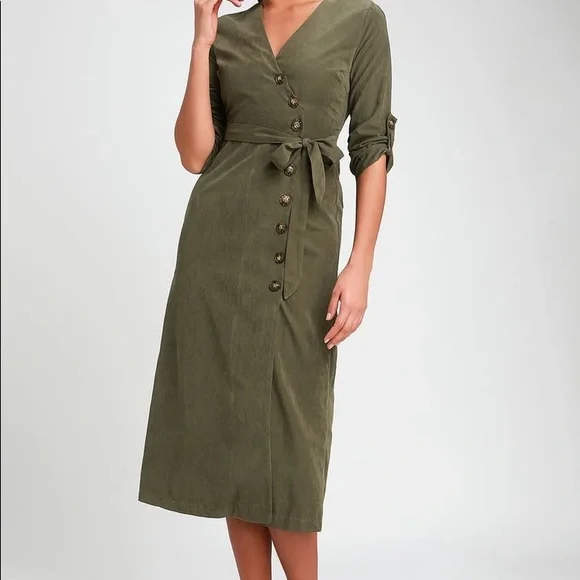olive green suede dress Autumnal Views Olive Green Suede Button-Up Tie-Front Midi Dress